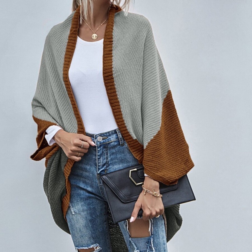 color block open front dolman style fall cardigan - Picture 11 of 11